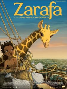 Affiche du film Zarafa, représentant l'enfant et le girafon à bord d'une montgolfière.